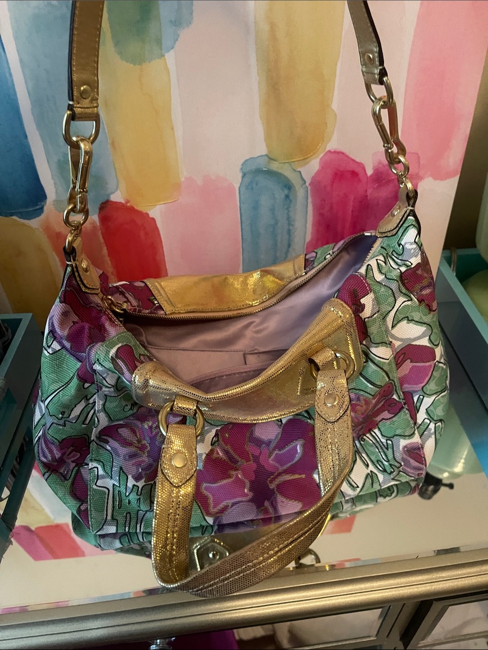 Coach Floral Canvas Satchel with Gold Leather Trim - Picture 9 of 10